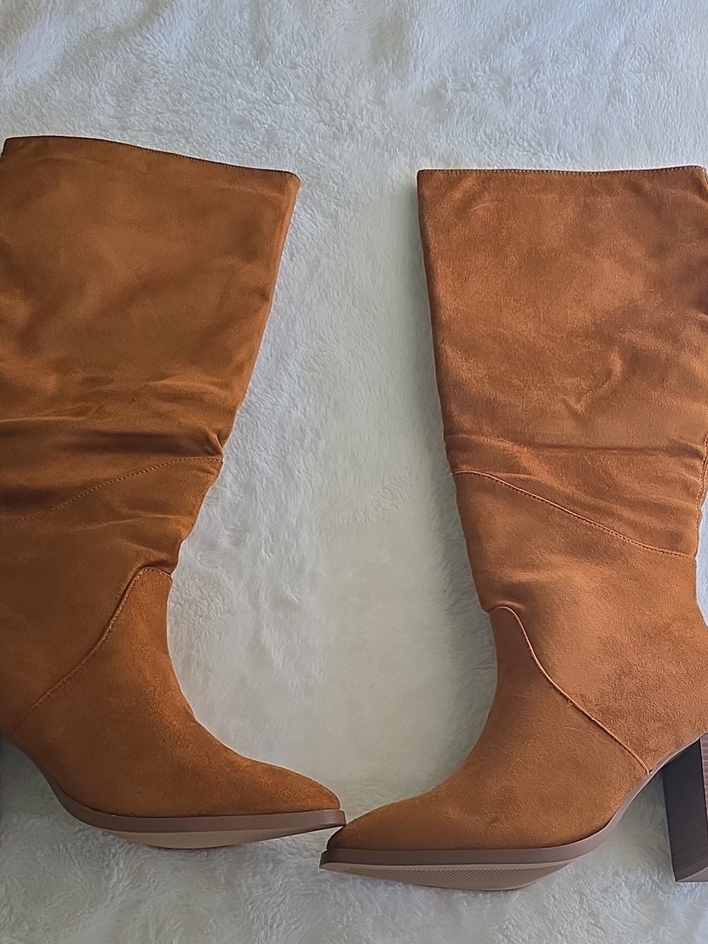 Coutgo Cognac Tan Faux Suede Knee High Slouch Boots - Block Heel